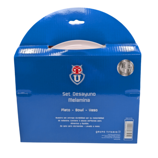 Set Desayuno Universidad de Chile Plato + Bowl + Vaso Melamina 3 piezas.