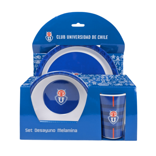 Set Desayuno Universidad de Chile Plato + Bowl + Vaso Melamina 3 piezas.